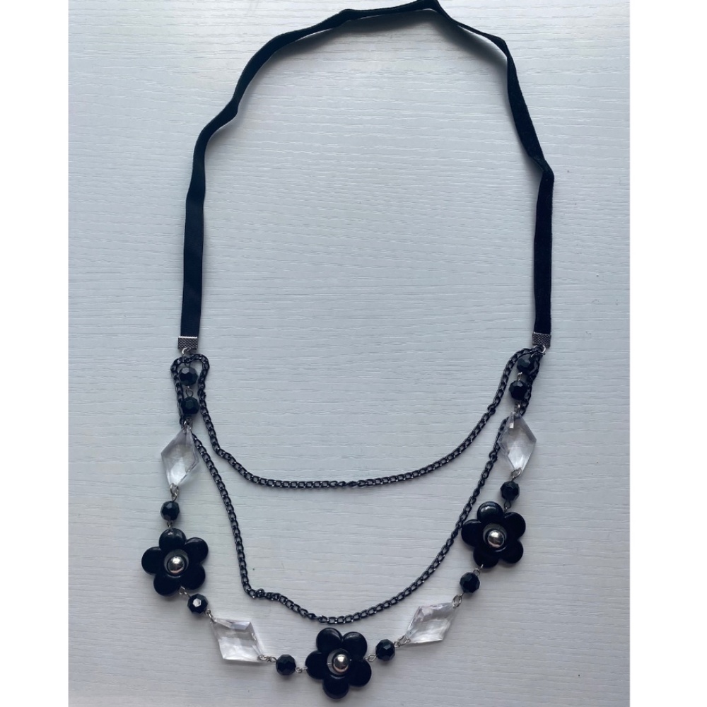 White House Black Market Statement Necklace - Black/Floral/Chain